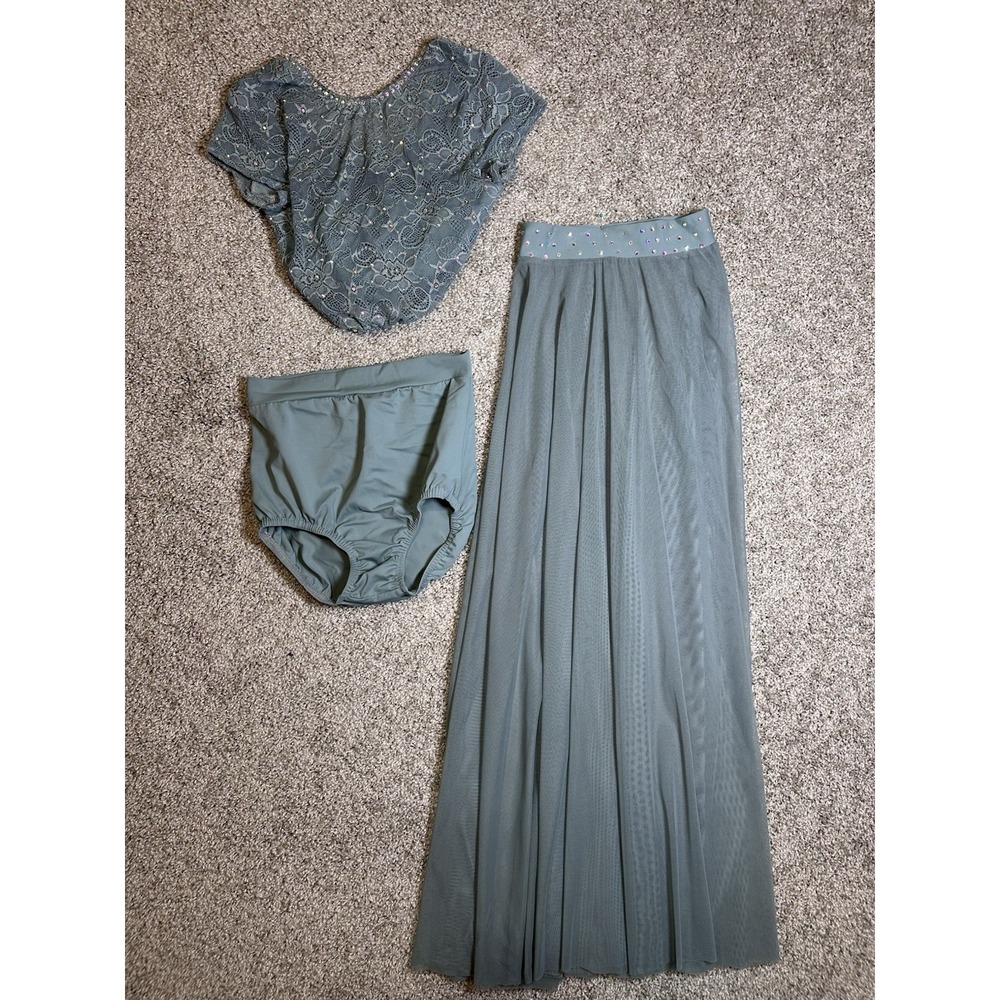 Kelle Teen Dance Costume 3pc Sage Gray Lace Top Briefs Long Mesh Skirt